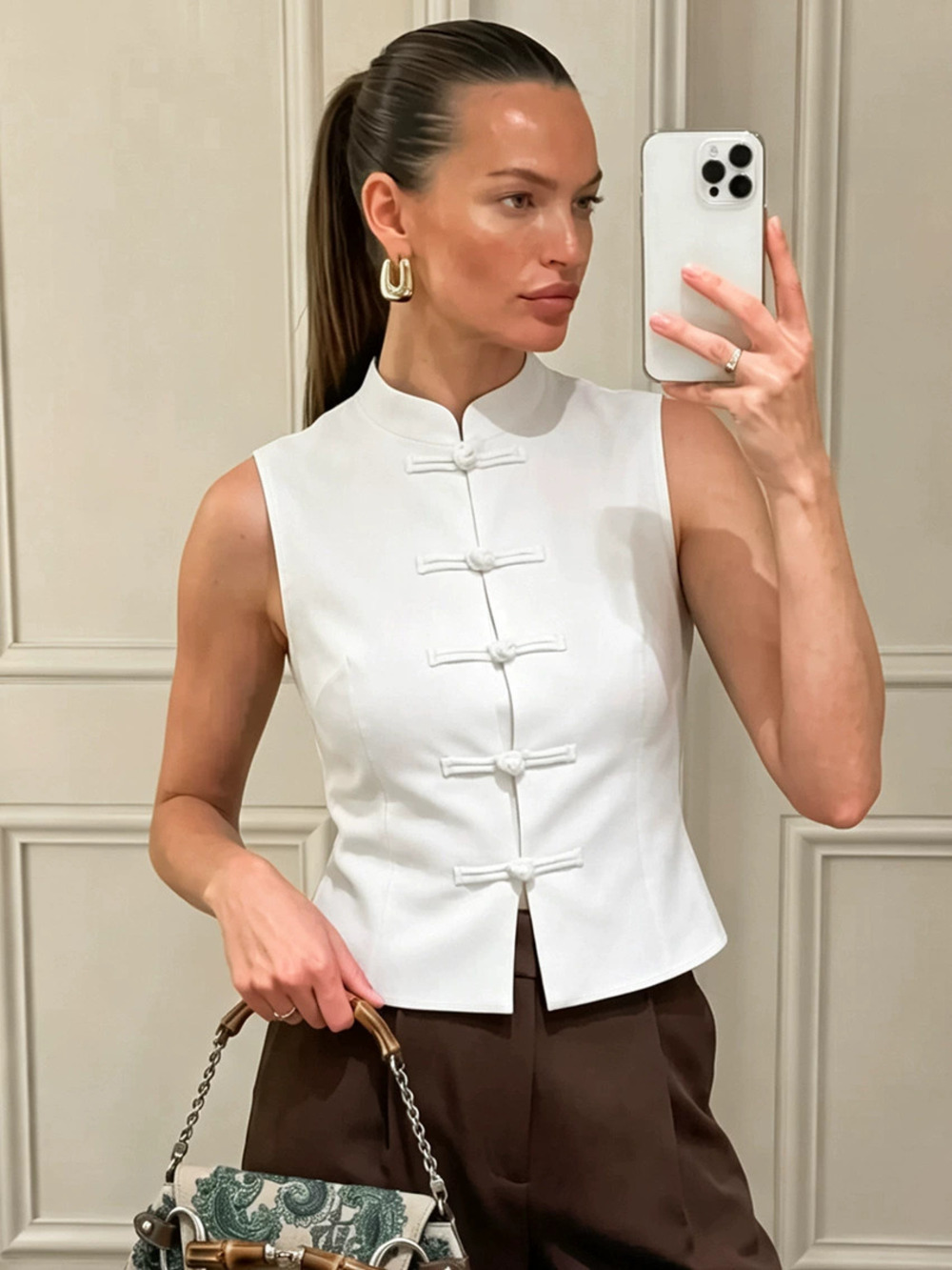 ZARA Women Spring Summer Chinese Style Stand Collar Frog Button Sleeveless Vest